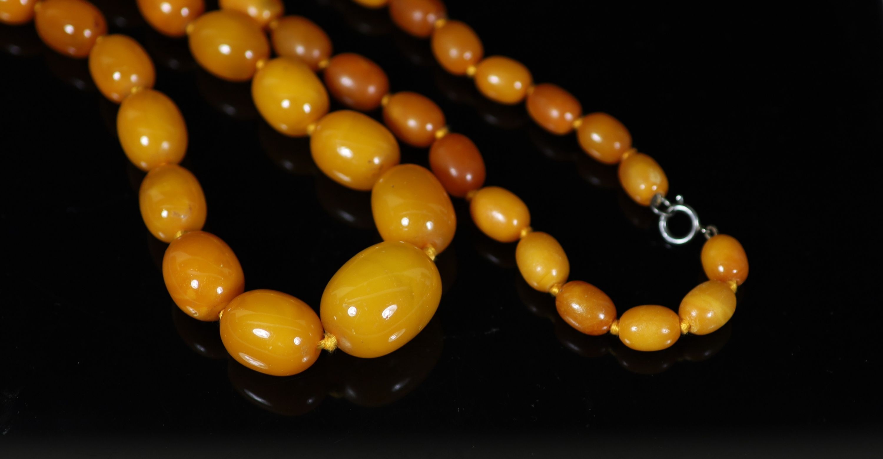 A single strand graduated oval amber bead necklace